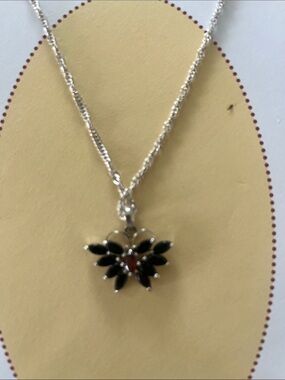 Sterling Silver Black and Red Floral Pendant Necklace